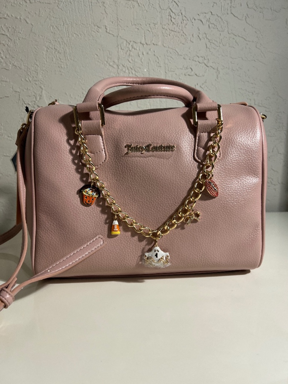 NWT Juicy Couture Pink Faux Leather Satchel Bag with Halloween Charm Chain